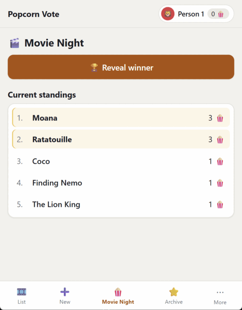 Movie Night standings