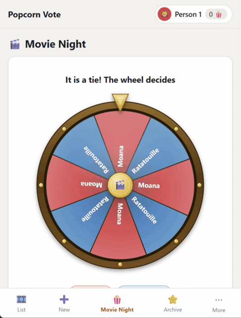 The Popcorn Vote wheel of fortune resolving a tied vote