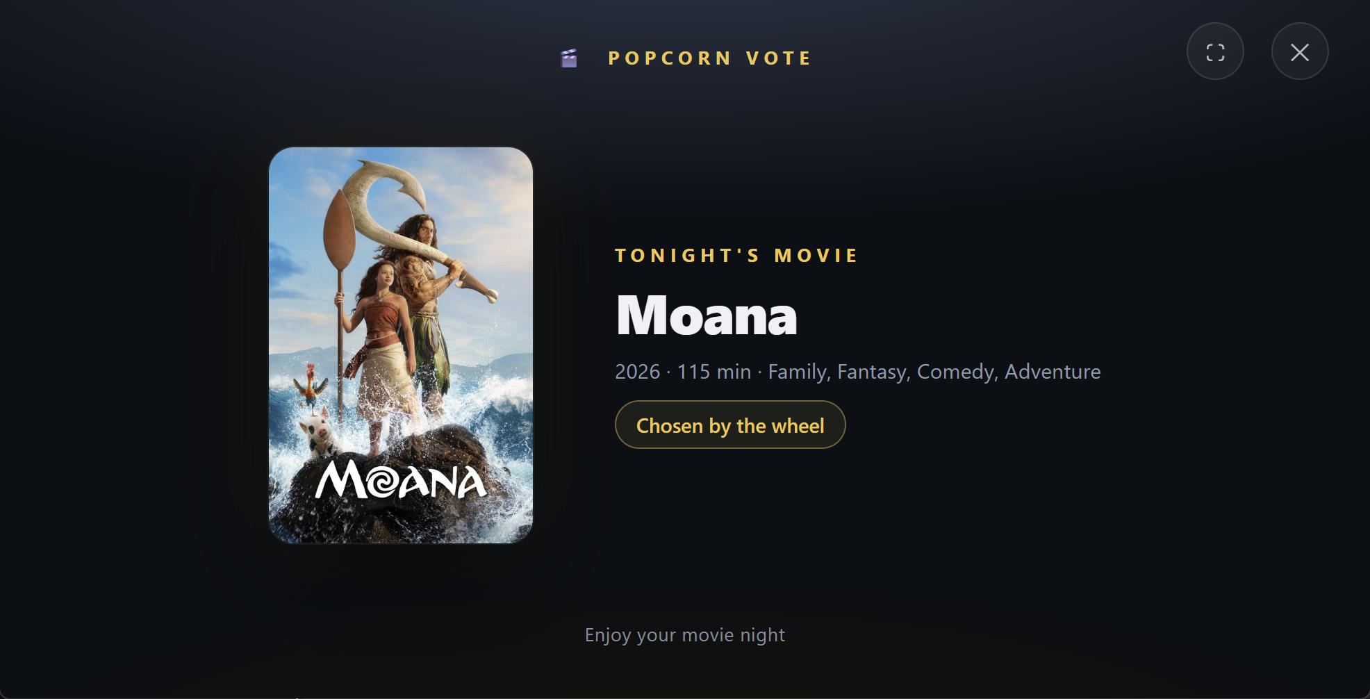 Popcorn Vote TV mode showing the winning movie on a television-friendly screen