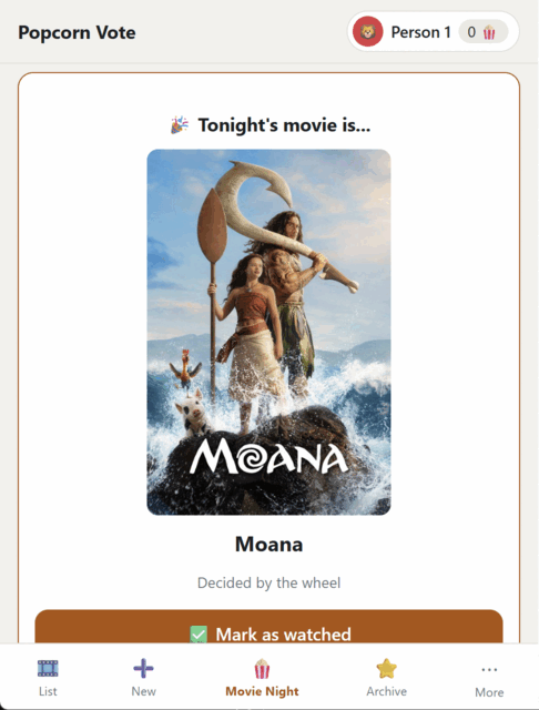 The winning film displayed on the Popcorn Vote Movie Night screen